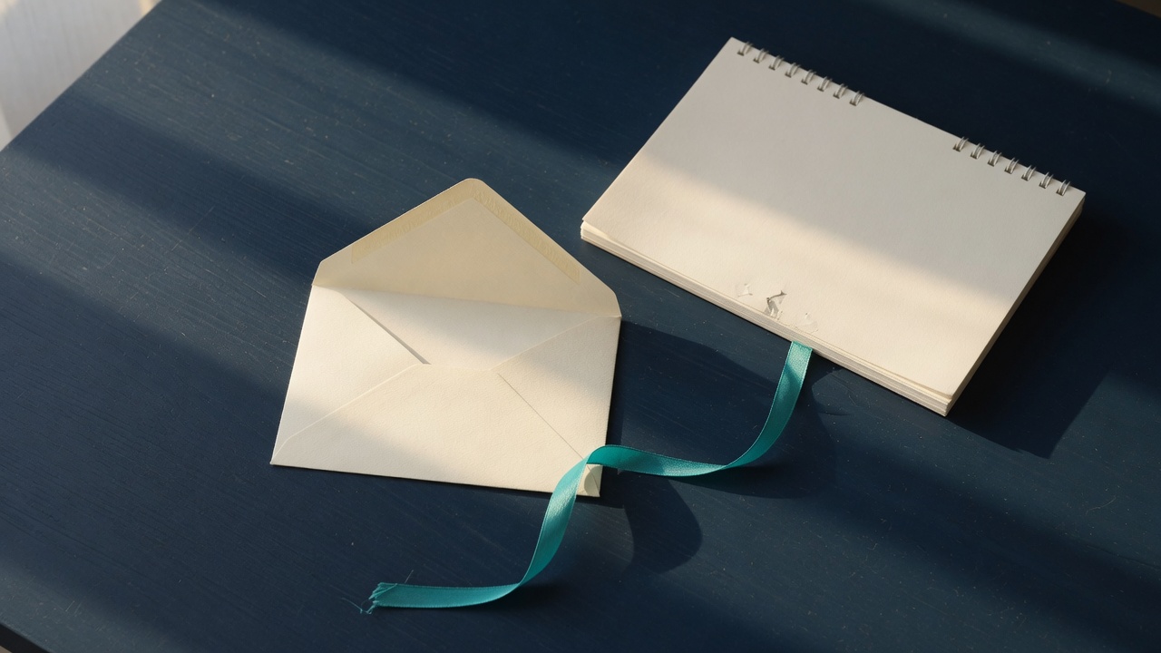 An open cream envelope, a blank spiral notebook, and a teal ribbon on a navy desk