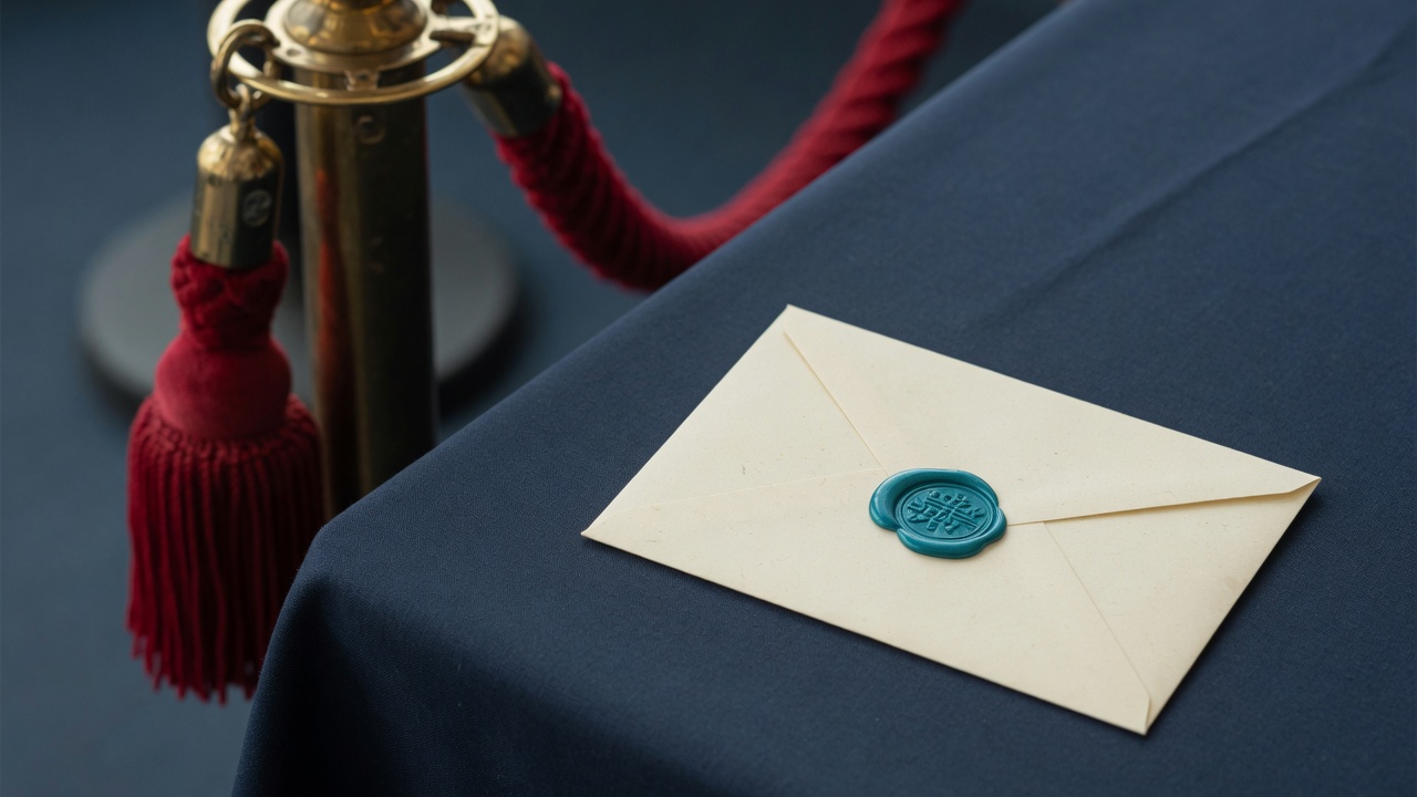 A cream envelope with a teal wax seal on a navy cloth, beside a velvet rope and a brass stanchion