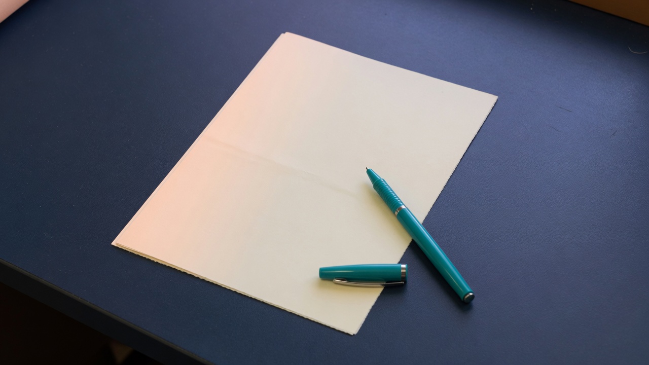 A blank cream sheet and an uncapped teal pen on a navy desk