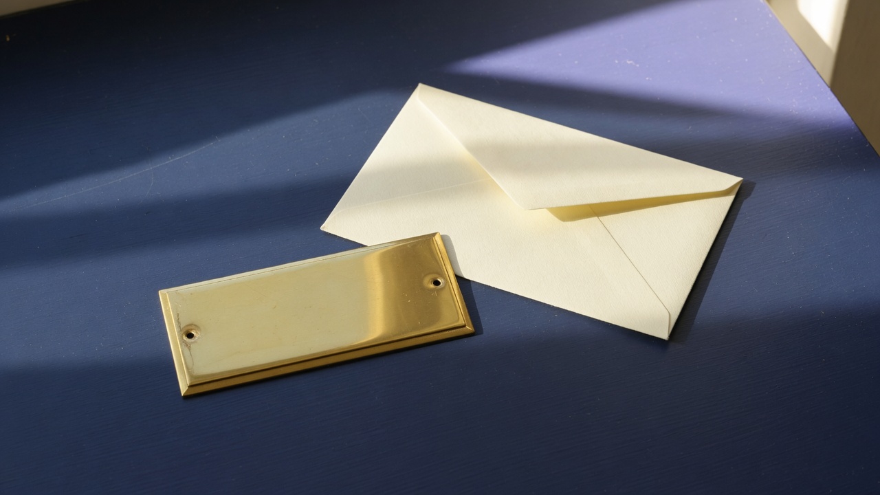 A blank brass address plate beside a cream envelope on a navy desk