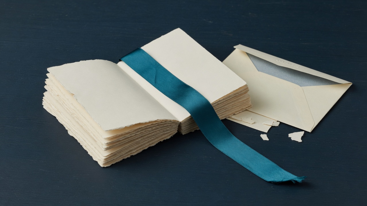 A thick stack of blank cream pages bound with a teal ribbon beside an open envelope