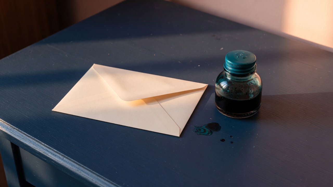 Cream stationery and a teal accent on a dark navy desk