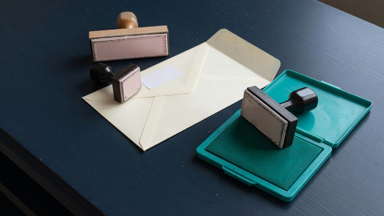 Three blank rubber stamps and an open teal ink pad beside a cream envelope