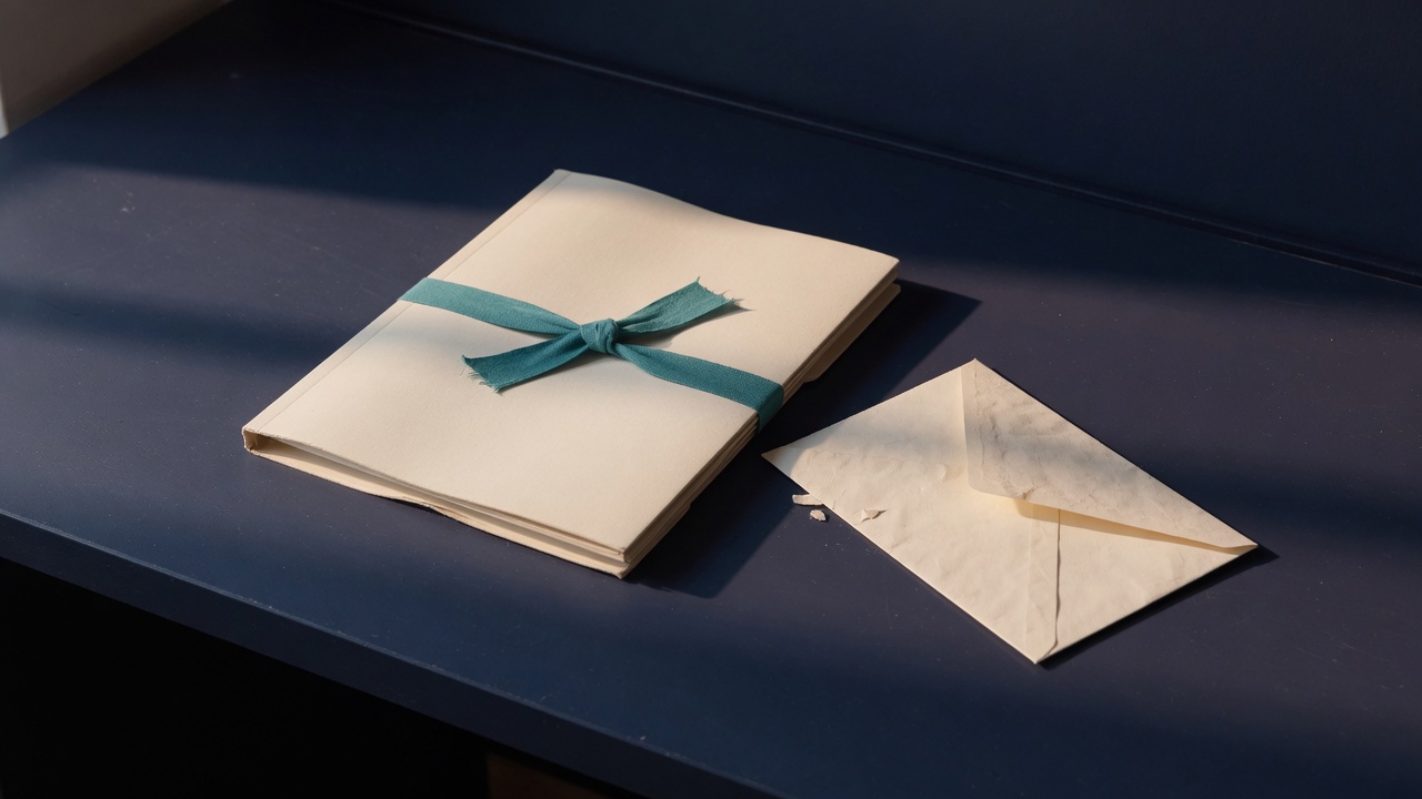 Cream stationery and a teal accent on a dark navy desk