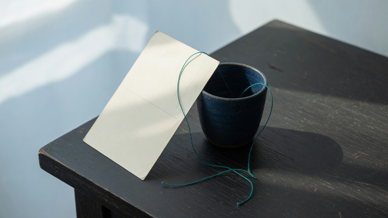 Cream stationery and a teal accent on a dark navy desk