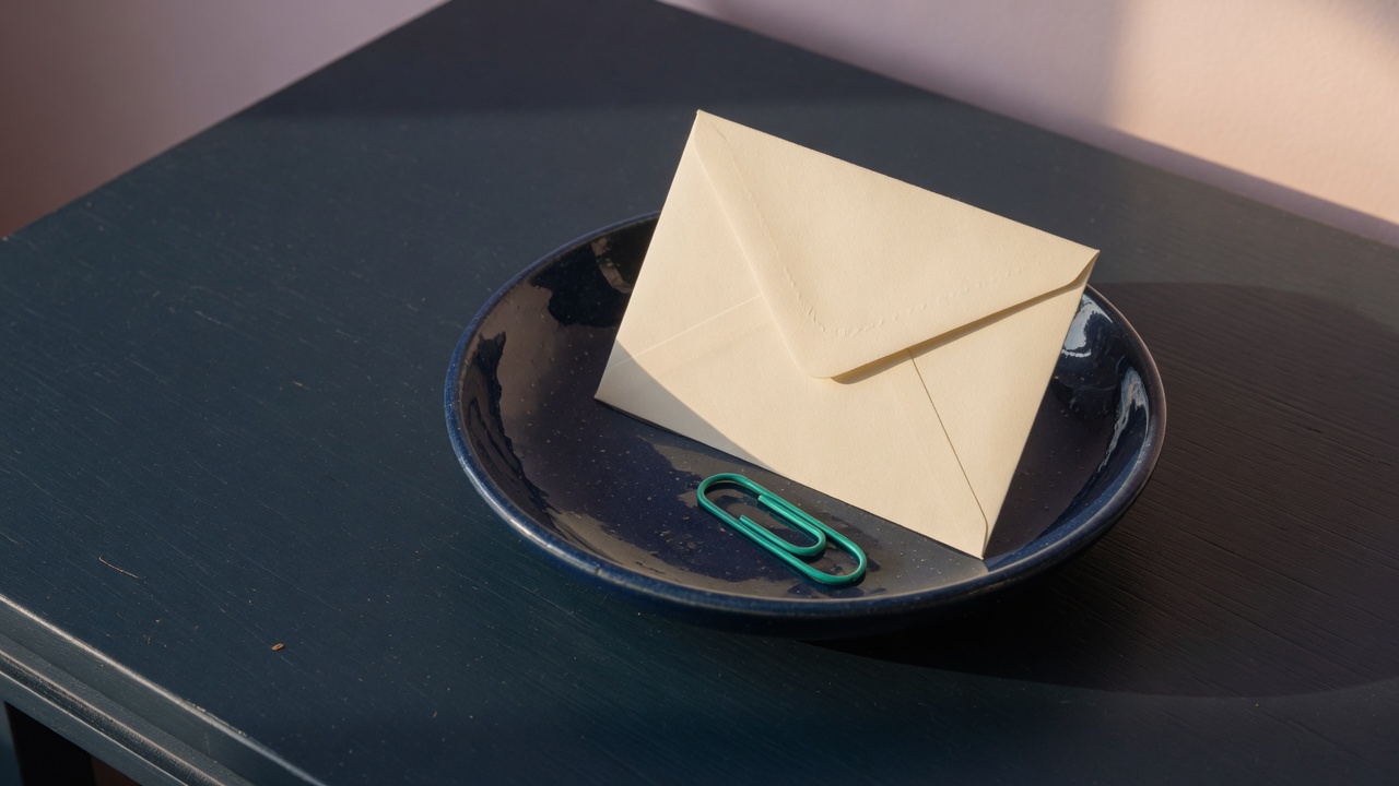 Cream stationery and a teal accent on a dark navy desk