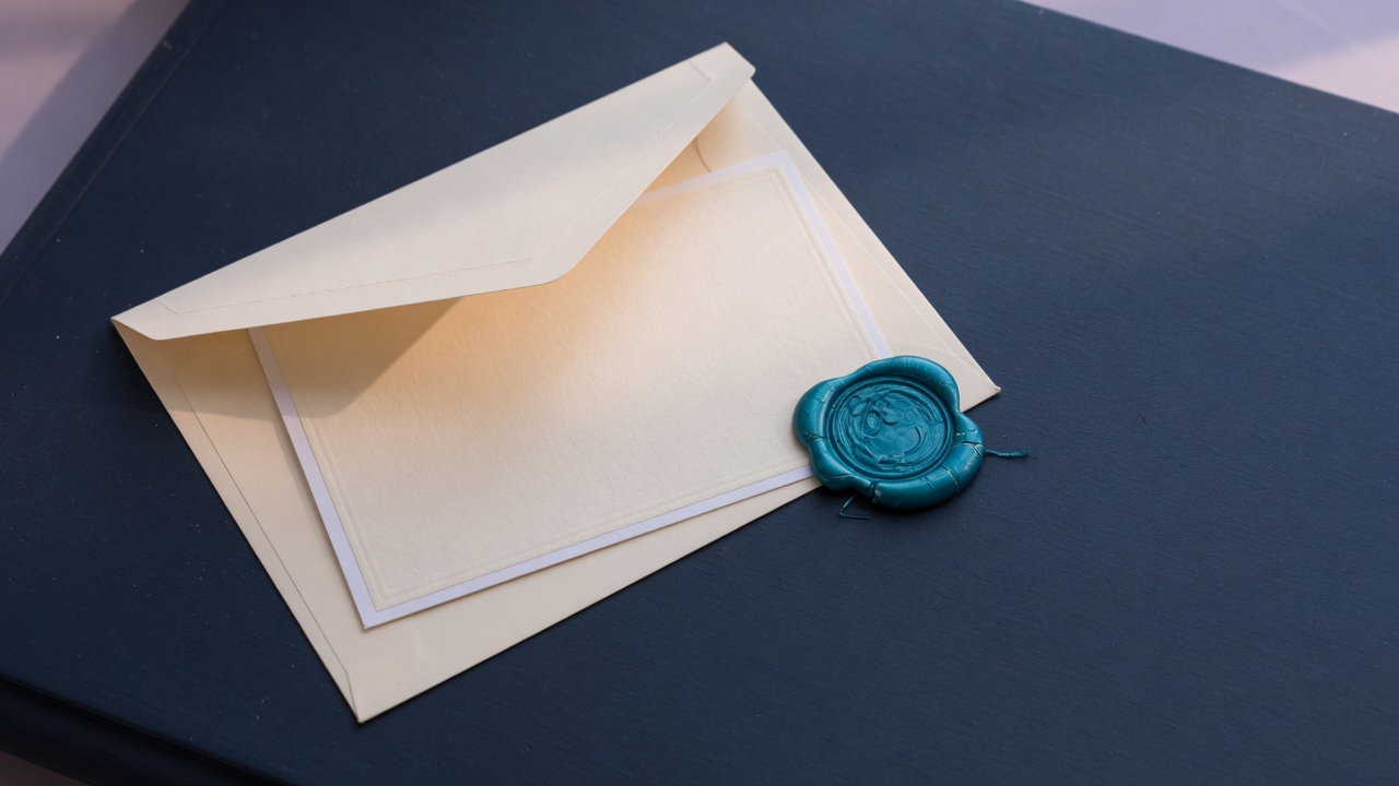 Cream stationery and a teal accent on a dark navy desk