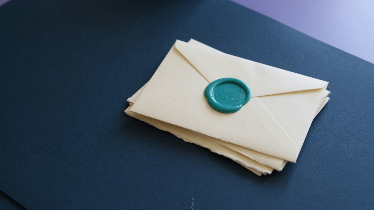 A cream envelope closed with a teal wax seal on a dark navy desk, with a short stack of matching envelopes beside it