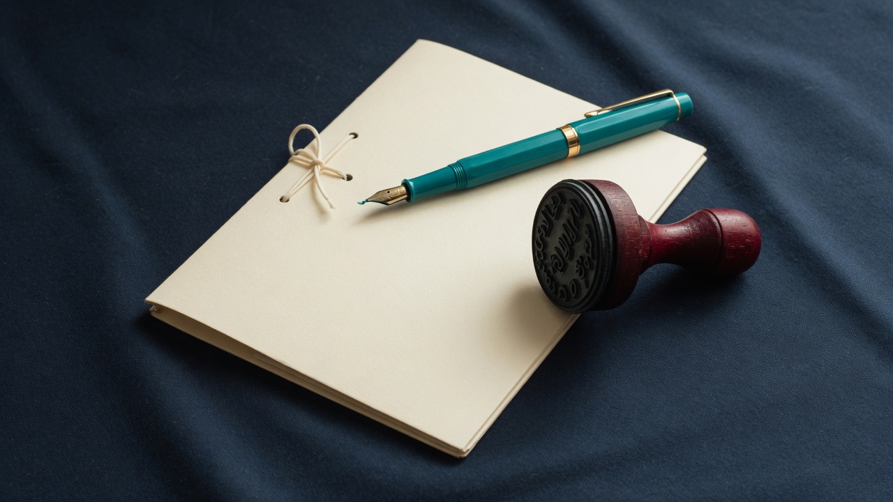 A dark navy folder, a teal pen, and a blank rubber stamp on a desk