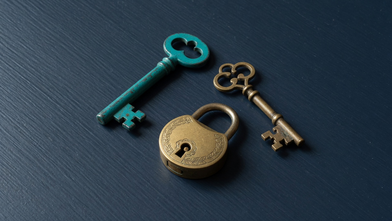 Two different keys and a small lock on a dark navy desk
