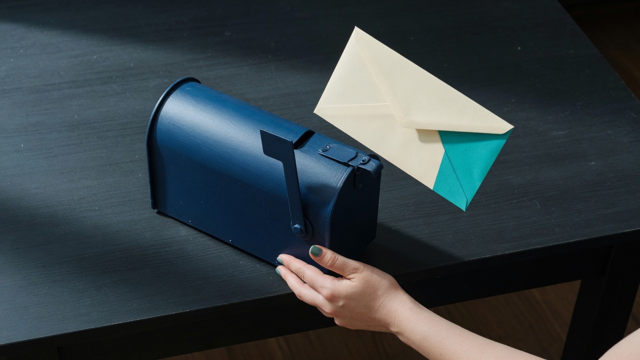 A navy mailbox with one cream envelope lifted just above the slot