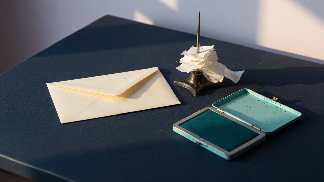 Morning light on a dark navy desk with one cream envelope, a metal receipt spike, and a teal stamp pad