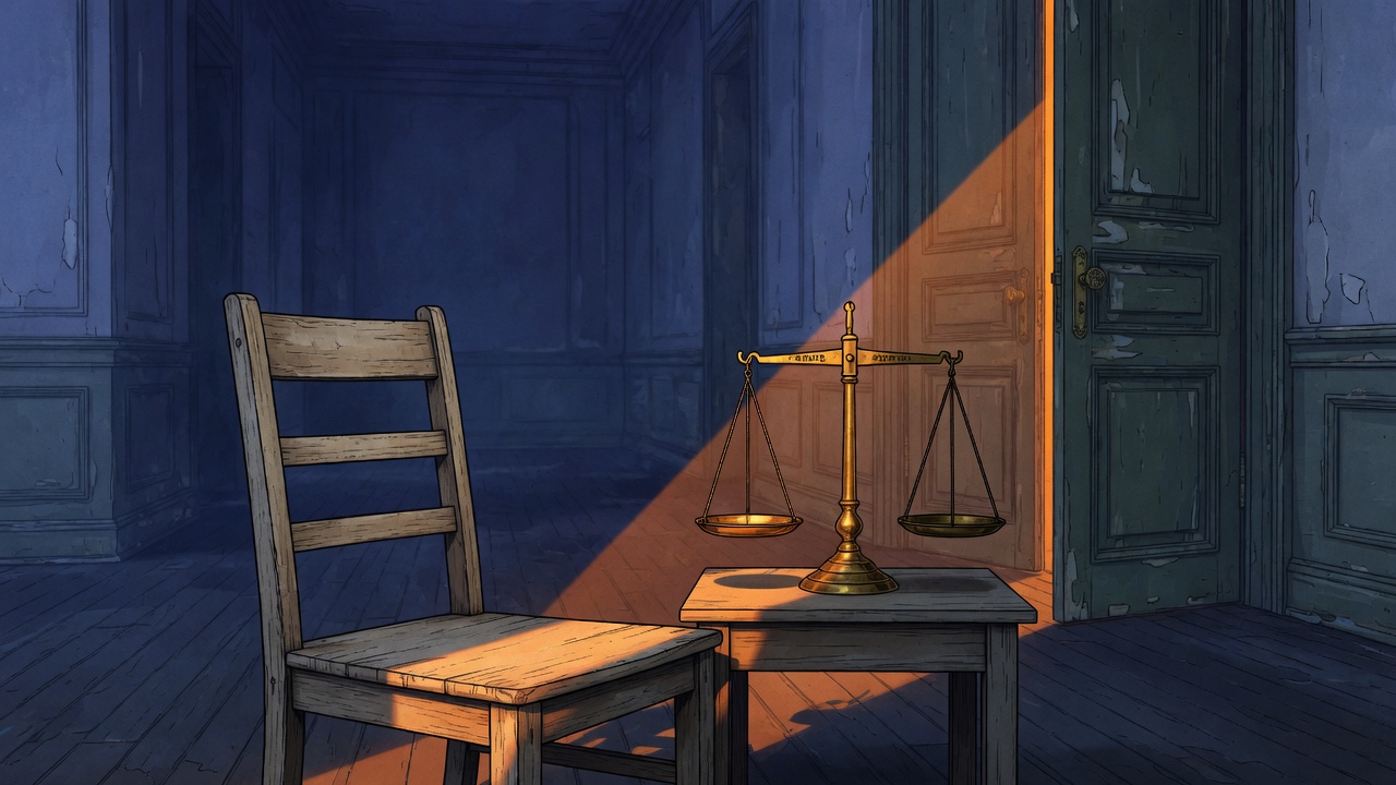 A brass balance scale on a small wooden table in a worn blue room, with a chair and an open door letting in warm light