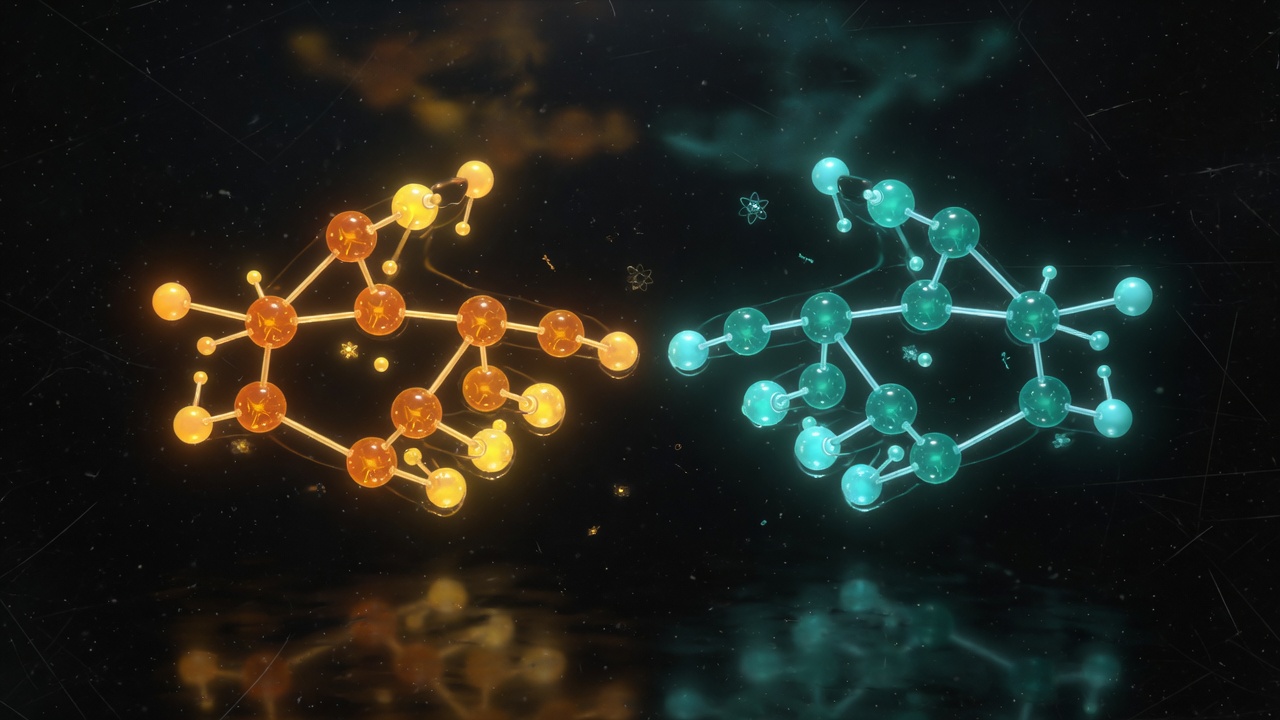 Two glowing molecular models, one amber and one teal, on a dark reflective surface