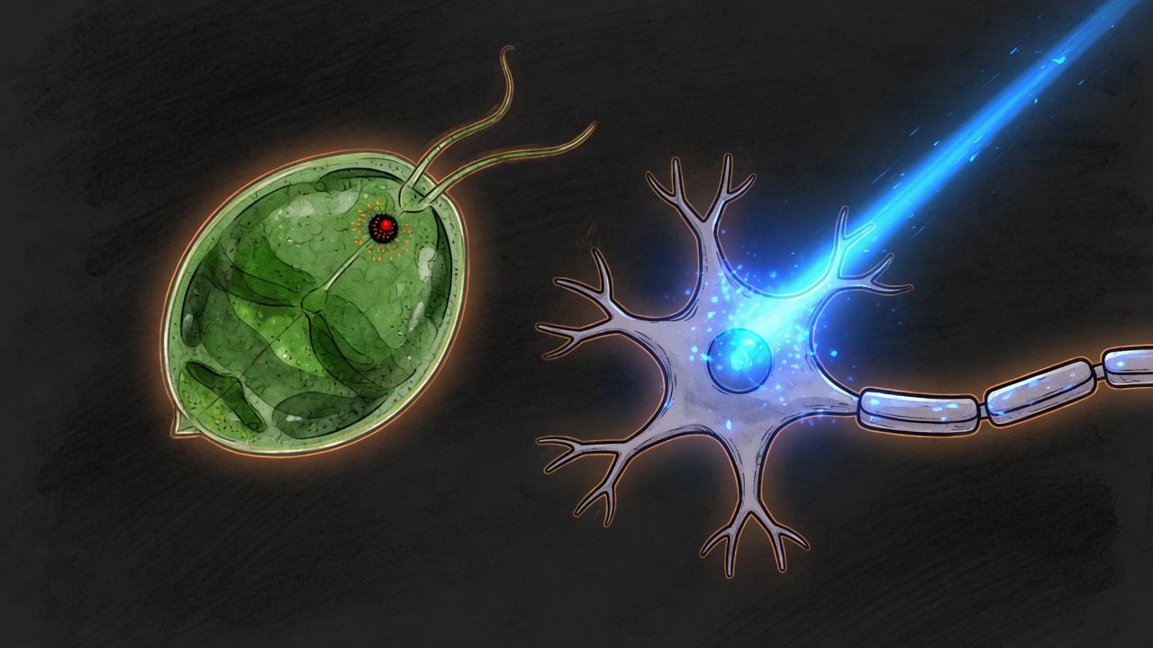 A green oval cell with two flagella and a red eyespot beside a gray neuron struck by a blue beam, on a dark background