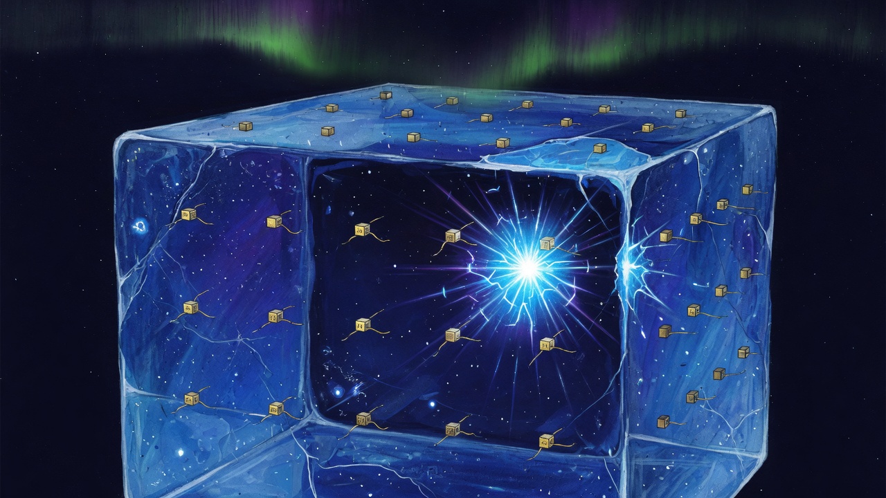 A cracked blue ice block studded with small gold cubes and thin wires, a white-blue burst in the hollow center, under a green aurora